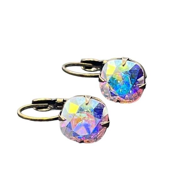 Liz Palacios Gold Plated Large Cushion Swarovski Crystal AB Lever back Earrings - Picture 1 of 14